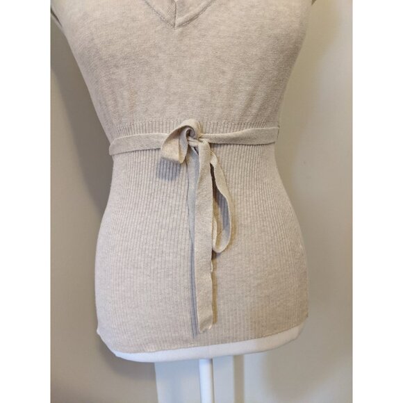 Vintage Y2K Ribbed Knit Ruffle Lace V-Neck Top Beige Tie Academia Office School - Picture 4 of 10